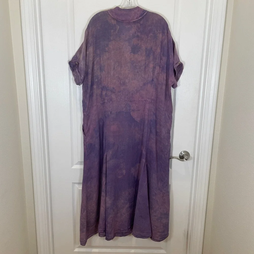 FLAX‎ Tie Dye 100% Linen Maxi Dress Purple Lagenlook Short Sleeve Shawl Collar L - Picture 5 of 5